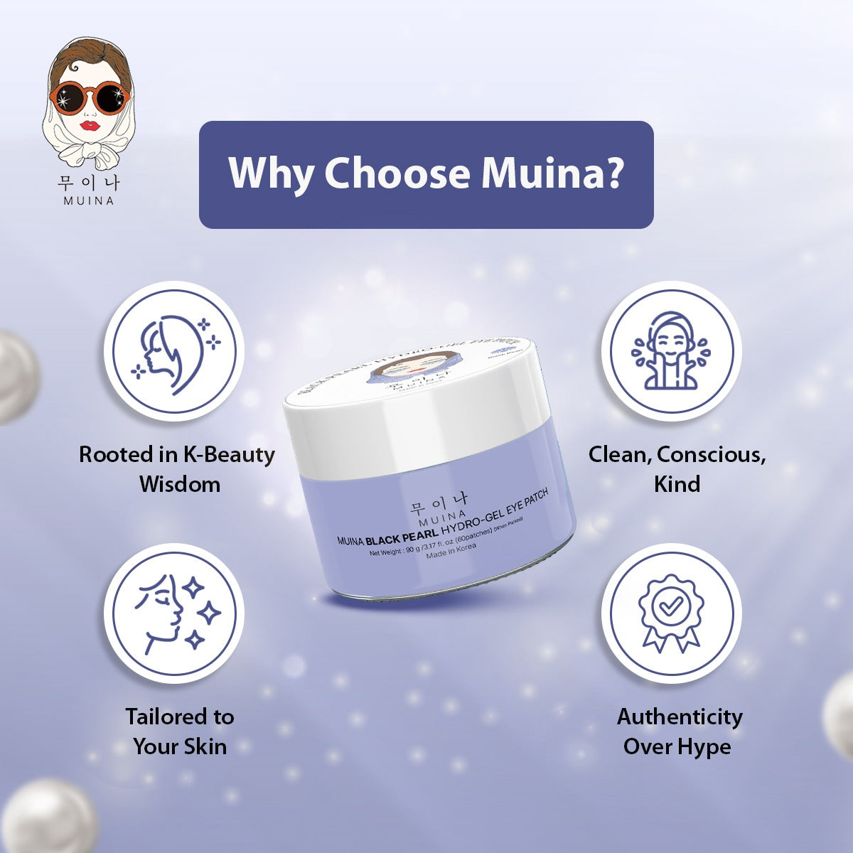 MUINA Black Pearl Hydro-Gel Eye Patch – Brightening & Revitalizing Under-Eye Care (90 GM)