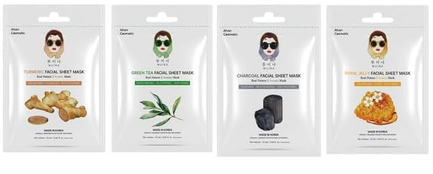 Korean Facial Sheet Mask Set (4 × 25ml) – Green Tea, Royal Jelly, Charcoal & Turmeric | Hydrating, Brightening, Anti-Aging & Detox Korean Face Masks for Women & Men