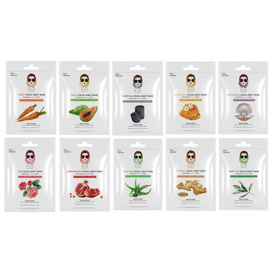 Korean Face Sheet Mask Combo Set (10 × 25ml) – Carrot, Papaya, Charcoal, Royal Jelly, White Pearl, Rose, Pomegranate, Aloe Vera, Turmeric & Green Tea | Hydrating, Brightening & Nourishing Facial Masks for Women & Men
