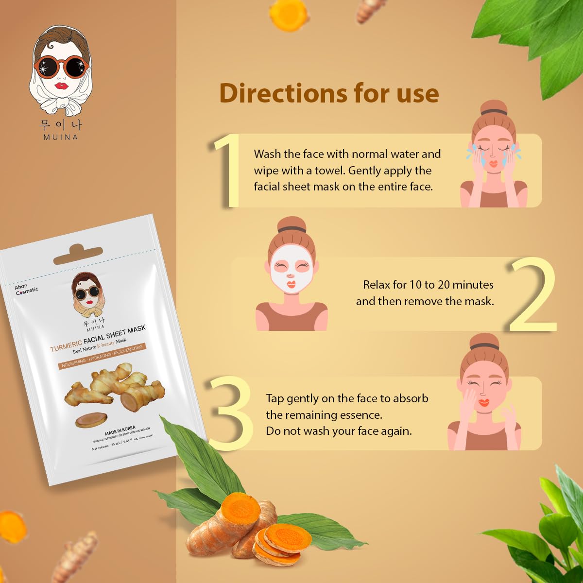 Korean Face Sheet Mask Combo Pack (4 x 25ml) – Turmeric, Green Tea, Aloe Vera & Papaya – Hydrating & Nourishing Facial Masks for Women & Men – All Skin Types