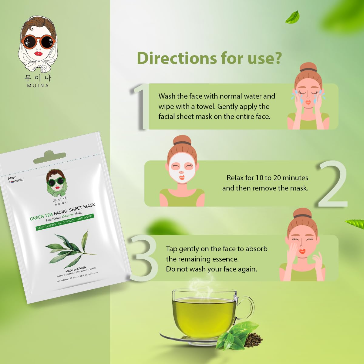 Korean Facial Sheet Mask Set (4 × 25ml) – Green Tea, Royal Jelly, Charcoal & Turmeric | Hydrating, Brightening, Anti-Aging & Detox Korean Face Masks for Women & Men