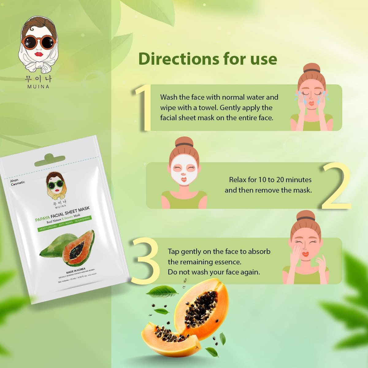 Korean Face Sheet Mask for Women & Men - Aloe Vera, Charcoal, and Papaya, Hydrating Rejuvenating and Pore-Tightening Skincare (Pack of 3), 25ml Each