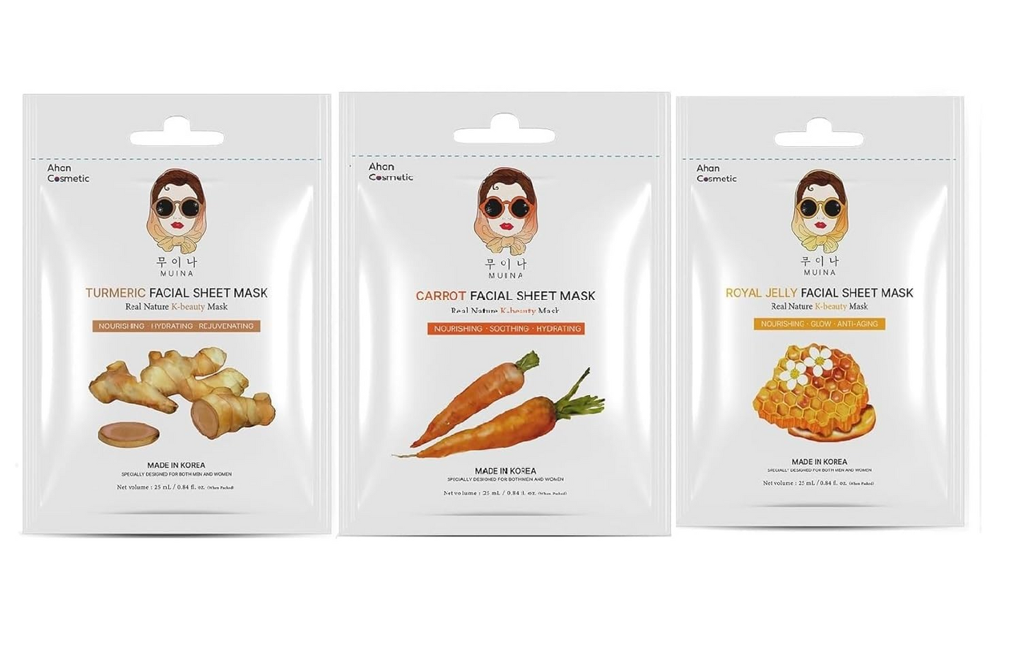 Korean Face Sheet Mask for Women & Men – Turmeric, Carrot & Royal Jelly, Nourishing, Hydrating & Anti-Aging Skincare (Pack of 3), 25ml Each