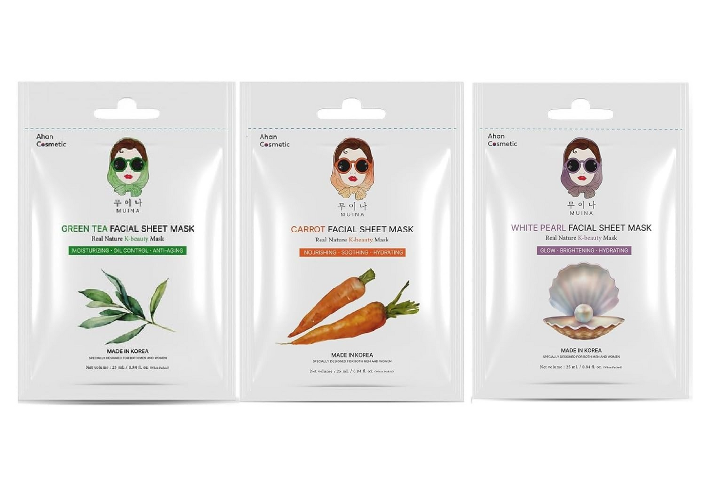 Korean Face Sheet Mask for Women & Men - Green Tea Carrot White Pearl | Anti-Aging Glow & Oil Control Skincare | Korean Beauty Sheet Mask (Pack of 3), 25ml Each