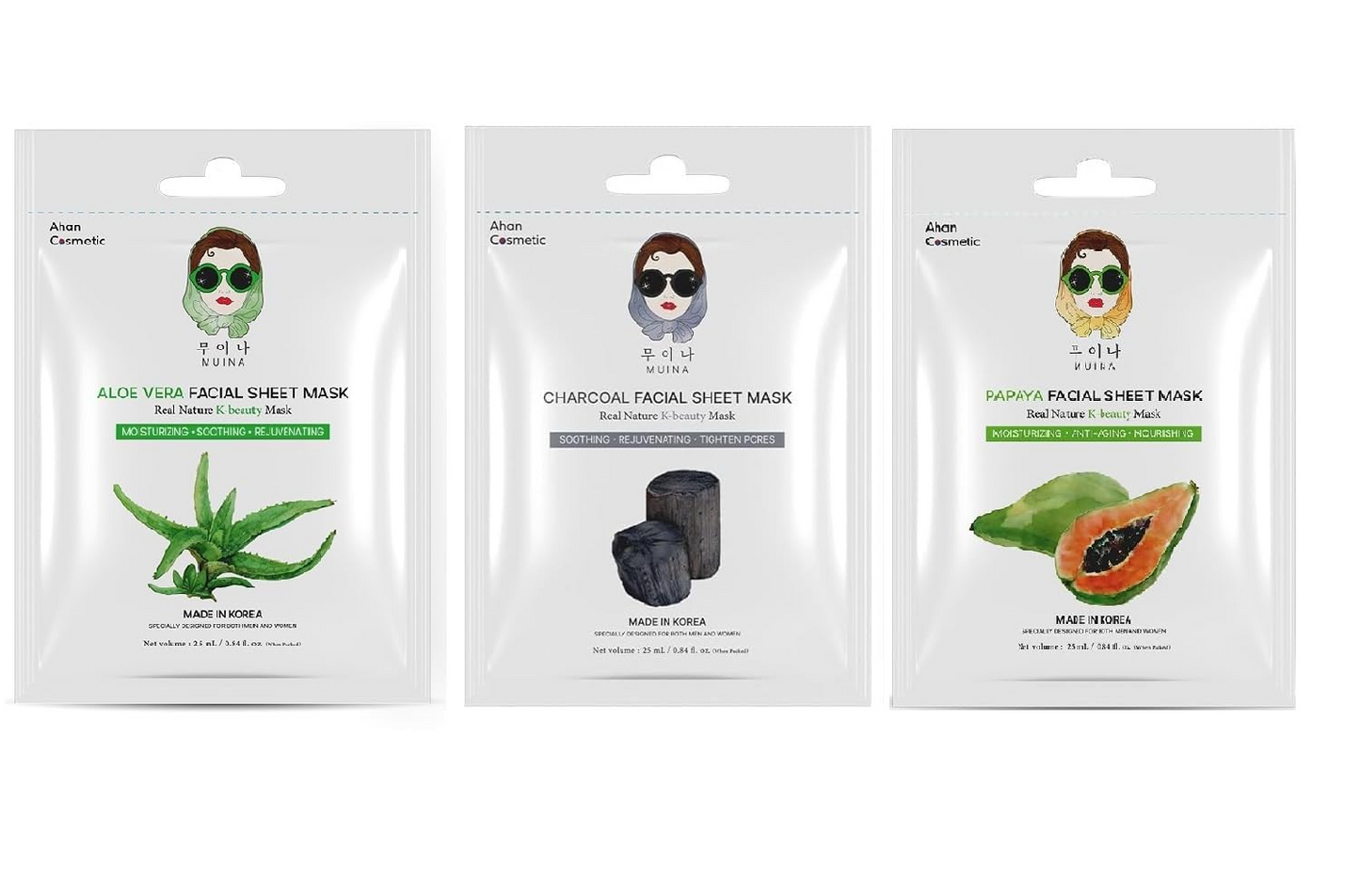 Korean Face Sheet Mask for Women & Men - Aloe Vera, Charcoal, and Papaya, Hydrating Rejuvenating and Pore-Tightening Skincare (Pack of 3), 25ml Each