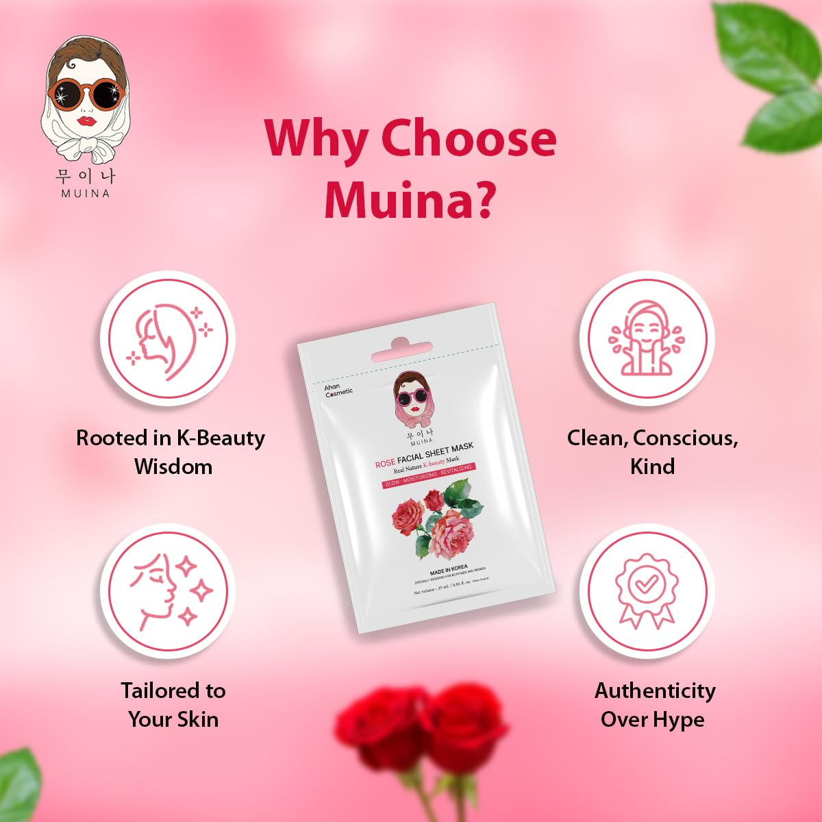 Korean Face Sheet Mask Set (4 × 25ml) – Rose, Green Tea, Charcoal & Pomegranate | Hydrating, Oil Control & Anti-Aging Facial Masks for Women & Men