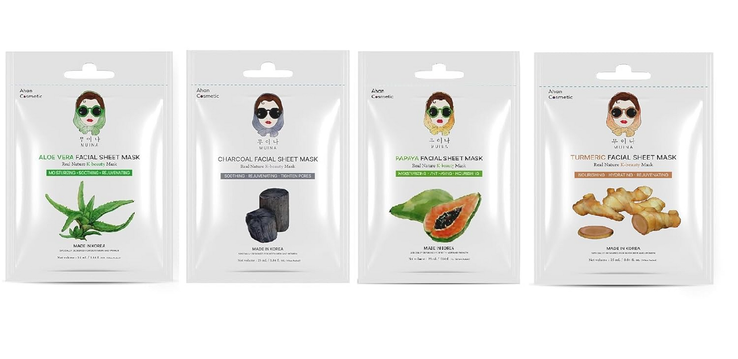 Korean Face Sheet Mask Set (4 × 25ml) – Aloe Vera, Charcoal, Papaya & Turmeric | Hydrating, Rejuvenating & Pore-Tightening Facial Masks for Women & Men