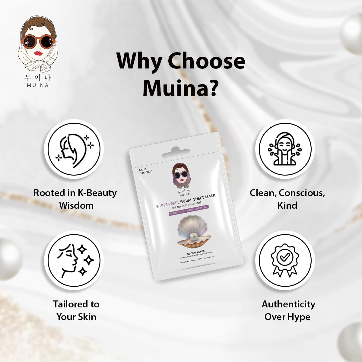 Korean Face Sheet Mask Set (4 × 25ml) – White Pearl | Hydrating, Brightening, Anti-Aging & Pore Tightening Facial Masks for Women & Men