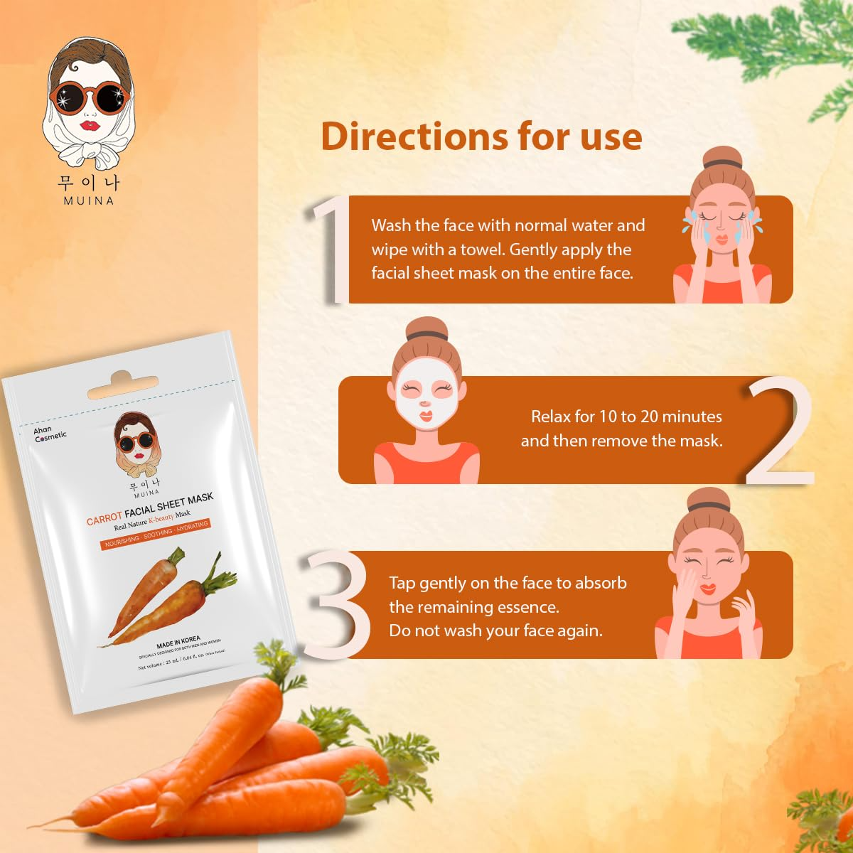 Korean Face Sheet Mask Combo (Pack of 4) – Rose, Papaya, Carrot & Pomegranate | Hydrating Glow Skincare for Women & Men
