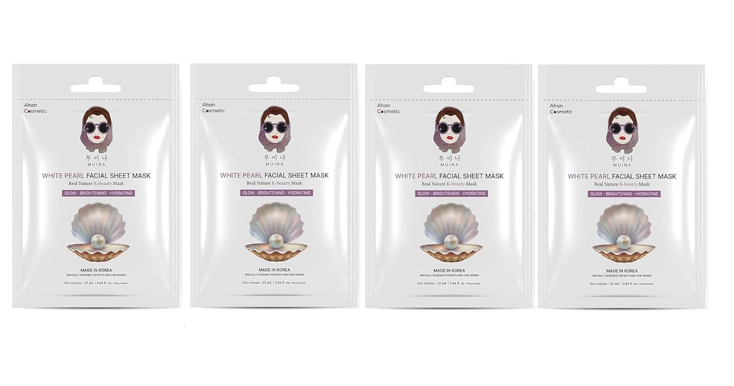 Korean Face Sheet Mask Set (4 × 25ml) – White Pearl | Hydrating, Brightening, Anti-Aging & Pore Tightening Facial Masks for Women & Men