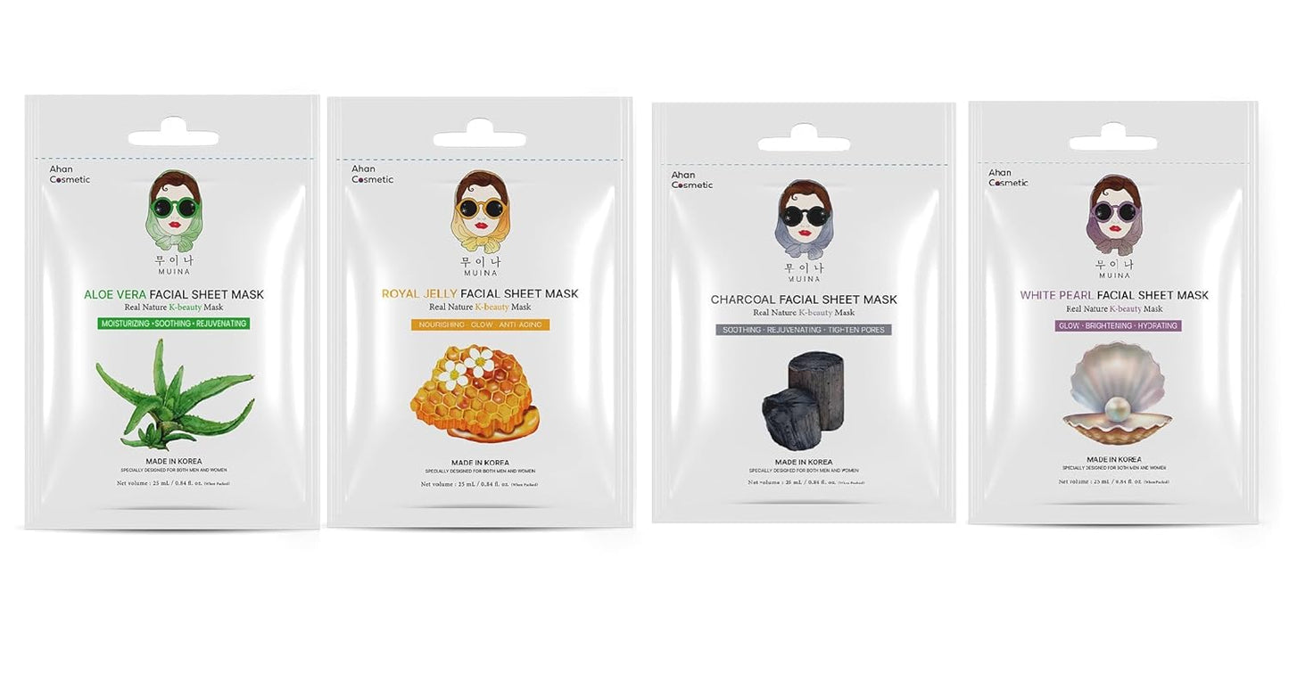 Korean Face Sheet Mask Combo Pack (4 x 25ml) – Aloe Vera, Royal Jelly, Charcoal and White Pearl – Hydrating & Nourishing Facial Masks for Women & Men – All Skin Types