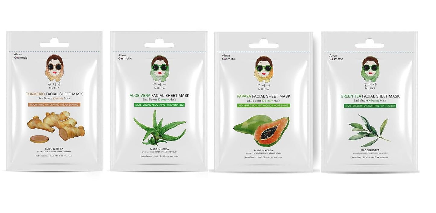 Korean Face Sheet Mask Combo Pack (4 x 25ml) – Turmeric, Green Tea, Aloe Vera & Papaya – Hydrating & Nourishing Facial Masks for Women & Men – All Skin Types