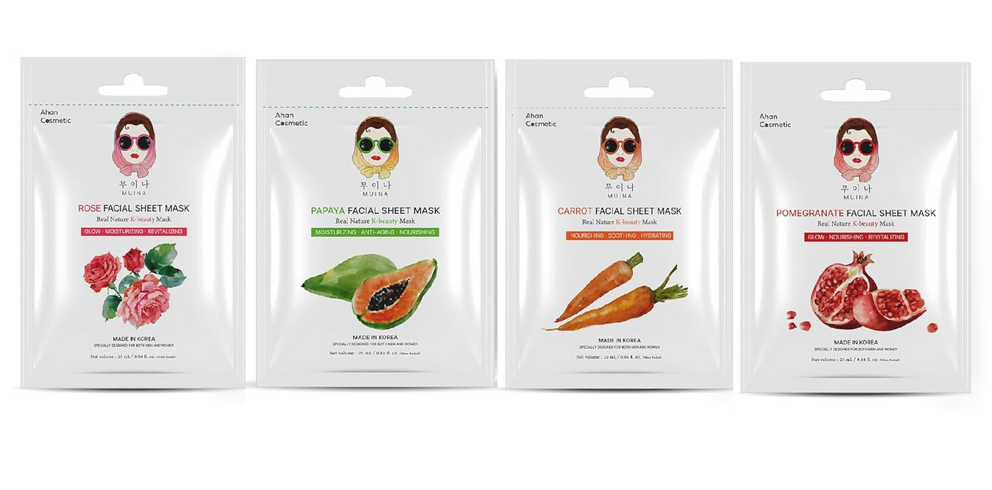 Korean Face Sheet Mask Combo (Pack of 4) – Rose, Papaya, Carrot & Pomegranate | Hydrating Glow Skincare for Women & Men