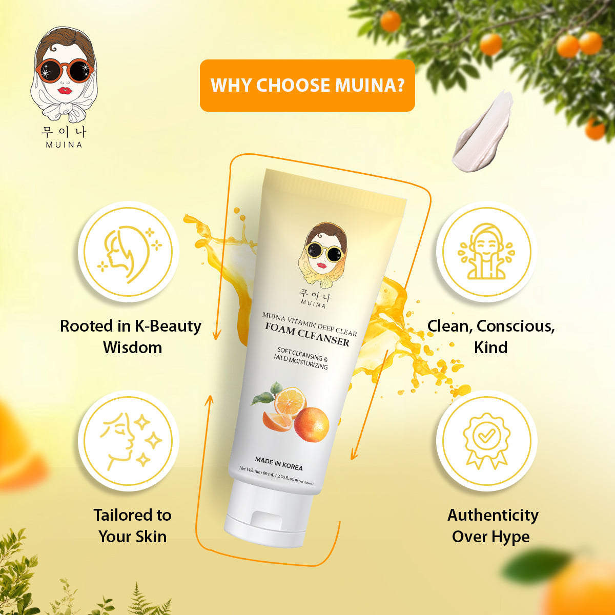 MUINA Vitamin Deep Clear Foam Cleanser – Brightening & Purifying Face Wash for All Skin Types (80 ML)
