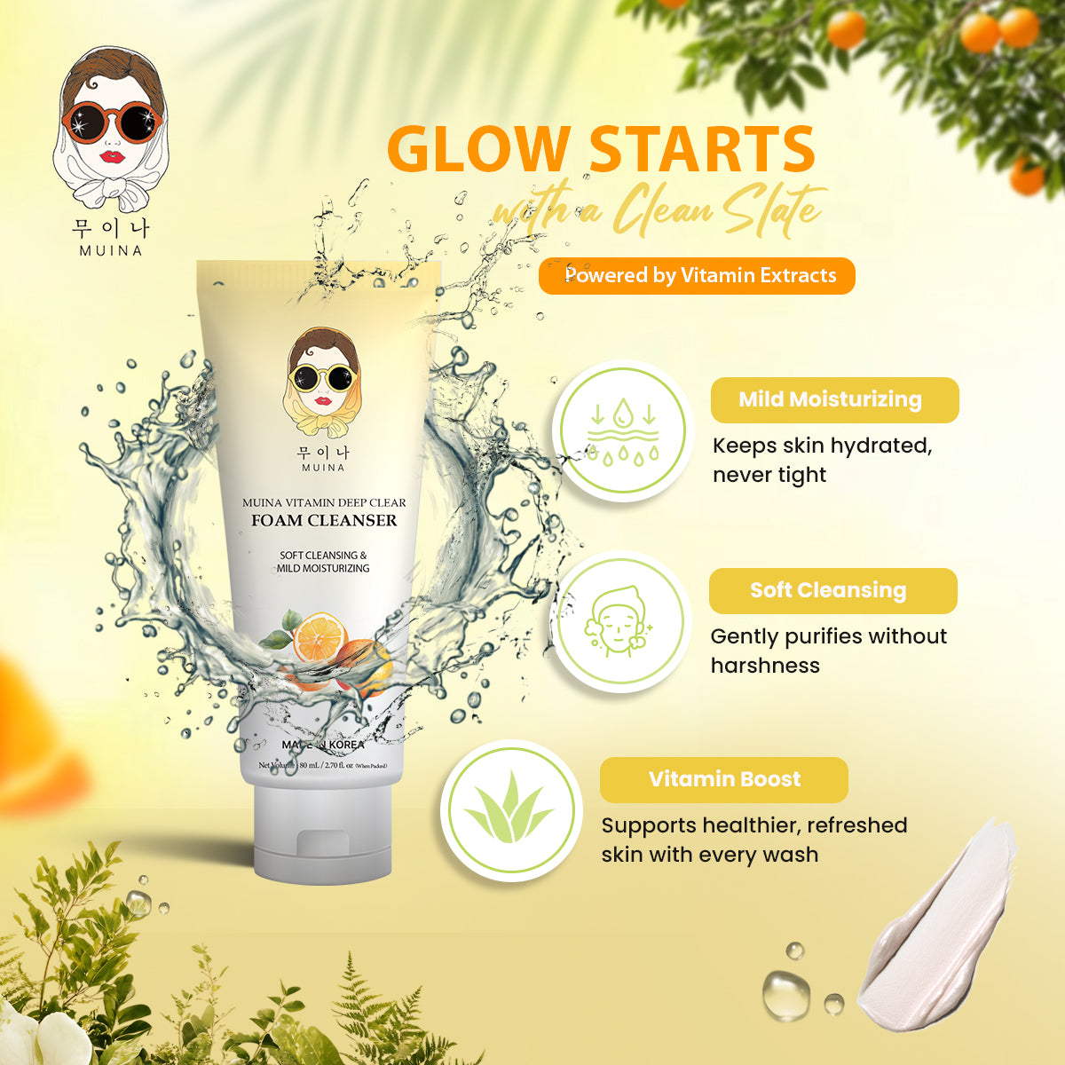 MUINA Vitamin Deep Clear Foam Cleanser – Brightening & Purifying Face Wash for All Skin Types (80 ML)