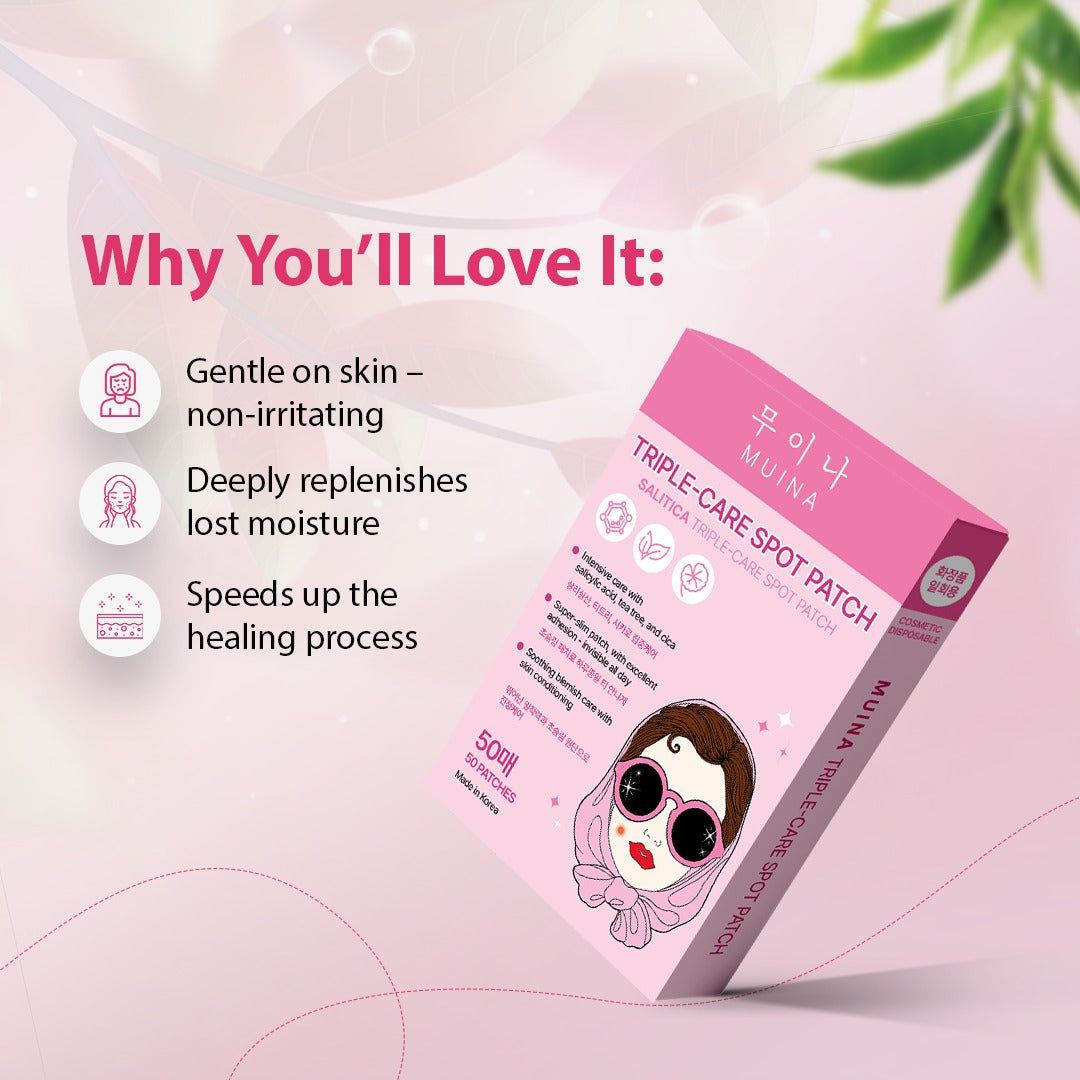 MUINA Triple-Care Spot Patch – Fast-Acting Acne & Blemish Healing Pads (50 Patch)