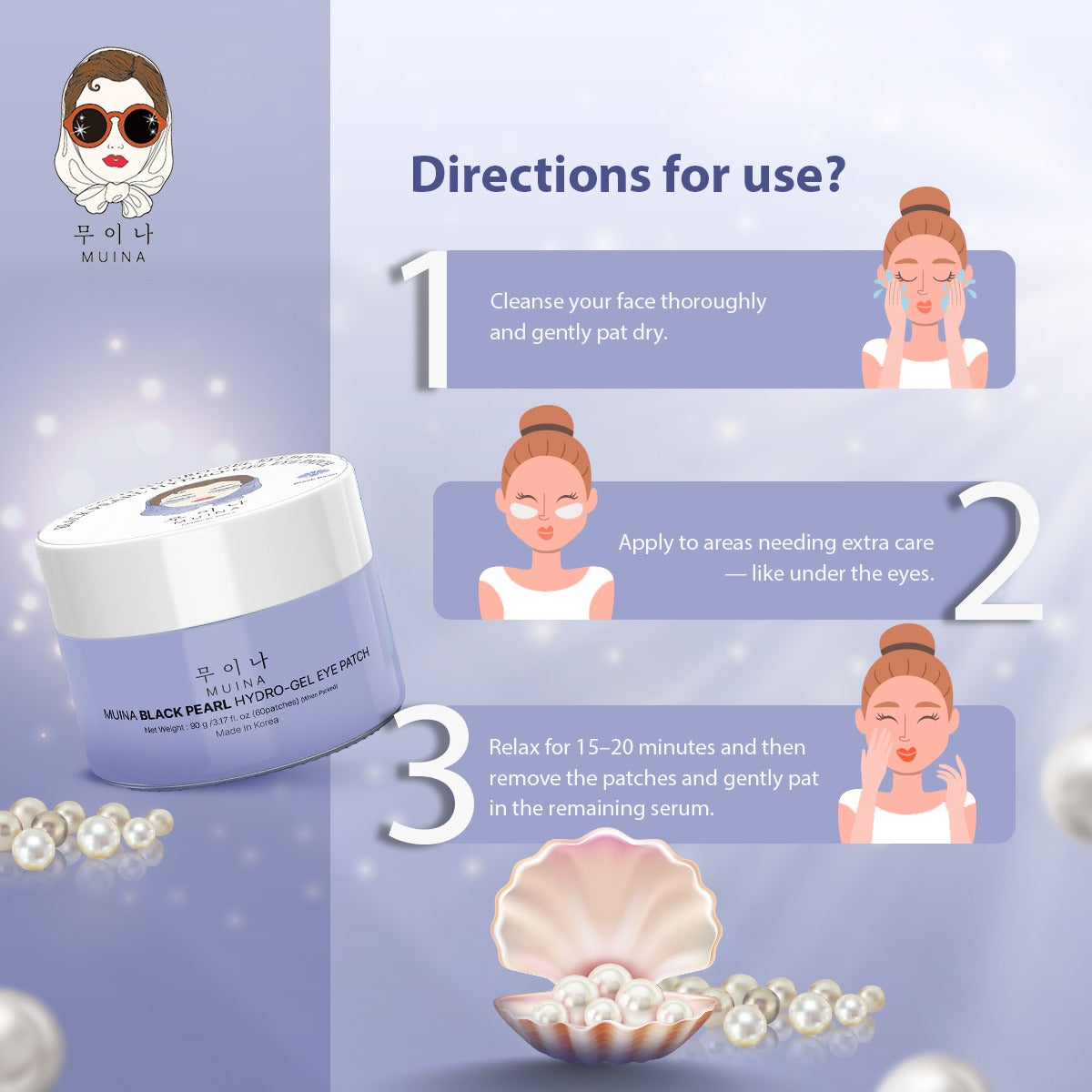 MUINA Black Pearl Hydro-Gel Eye Patch – Brightening & Revitalizing Under-Eye Care (90 GM)