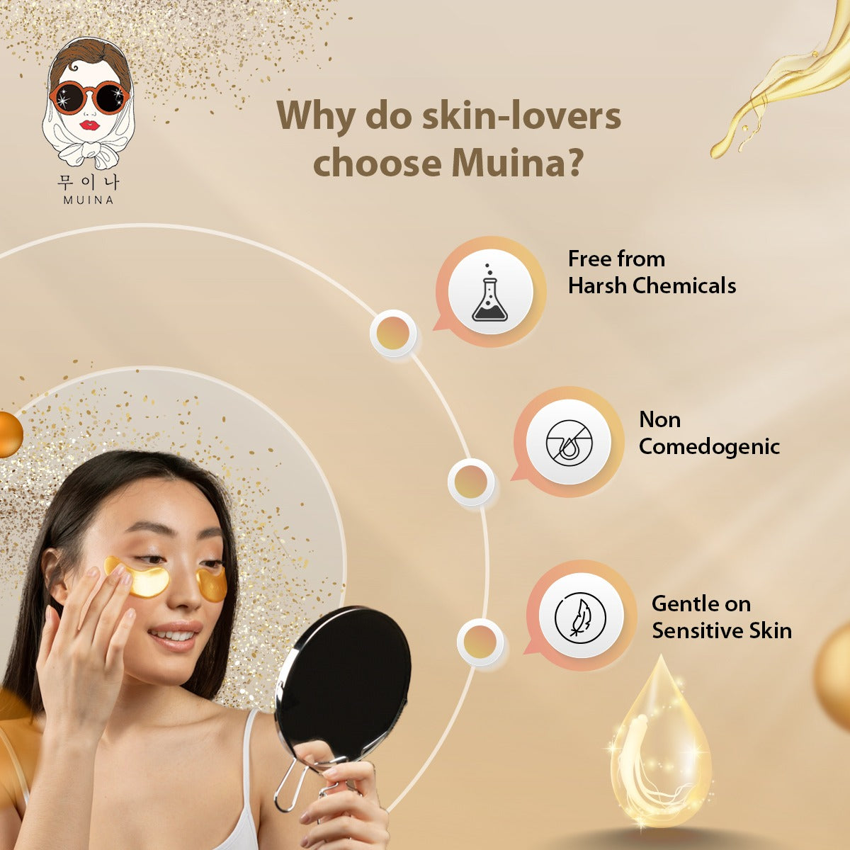 MUINA Real Gold Hydro-Gel Eye Patch – Brightening & Anti-Fatigue Under-Eye Care (90 GM)