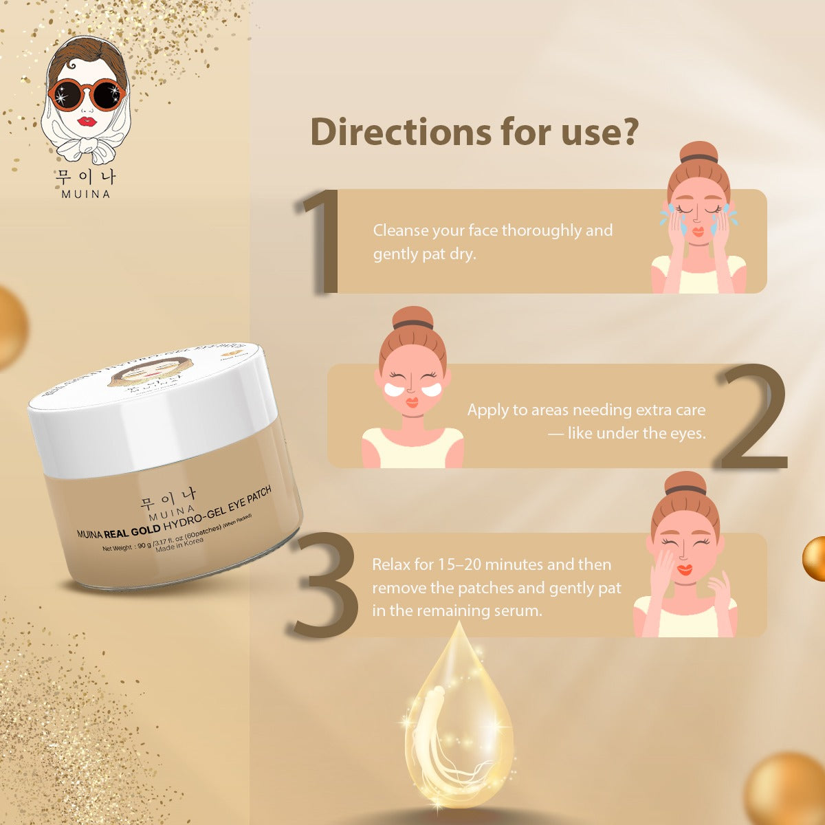 MUINA Real Gold Hydro-Gel Eye Patch – Brightening & Anti-Fatigue Under-Eye Care (90 GM)