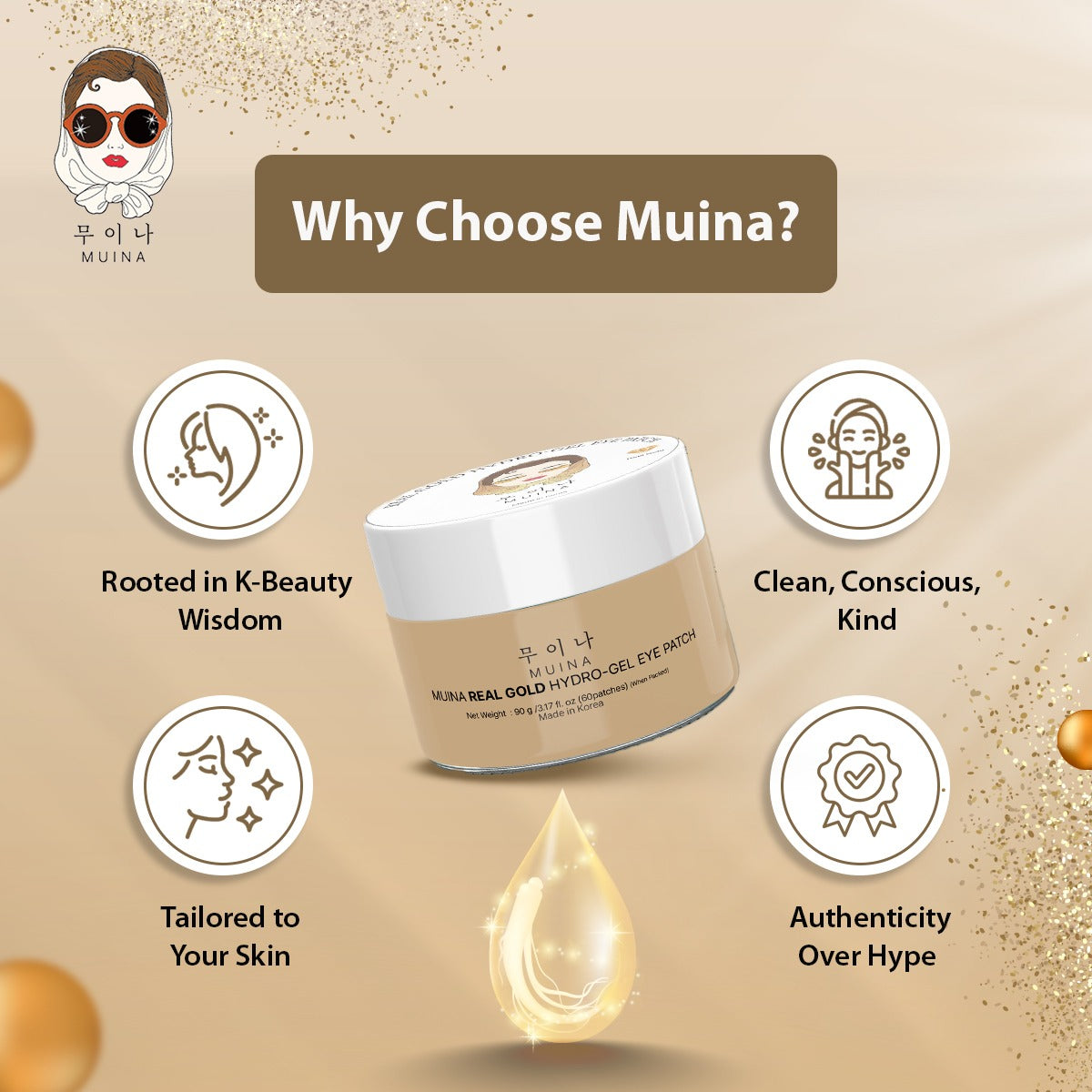 MUINA Real Gold Hydro-Gel Eye Patch – Brightening & Anti-Fatigue Under-Eye Care (90 GM)